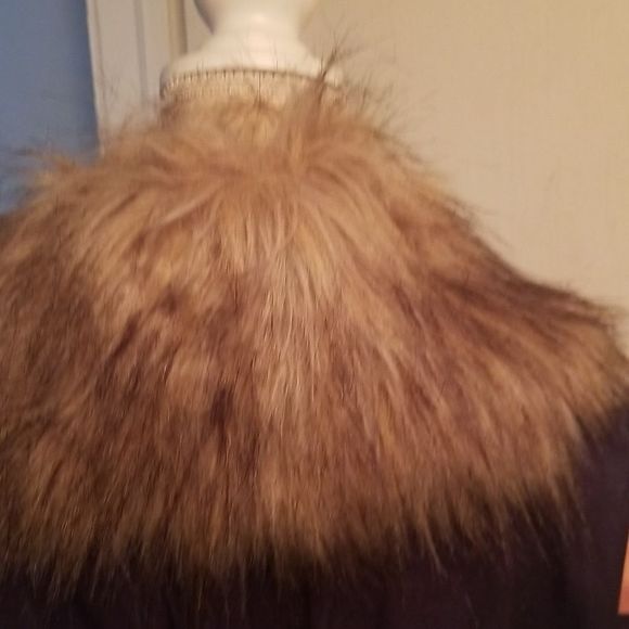 Womens Orange & Navy Color Block  Faux Fur Removable Collar Coat New Wool Look L - Picture 10 of 13